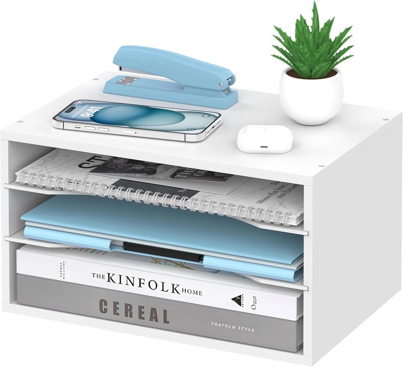 SHARKWOODS Wood Desk Organizer, 3 Tier Paper Tray Organizer for Desk with Adjustable Storage Shelves, Desktop File Organization Paper Sorter Mail Holder for Office Home Classroom, White - Image 1